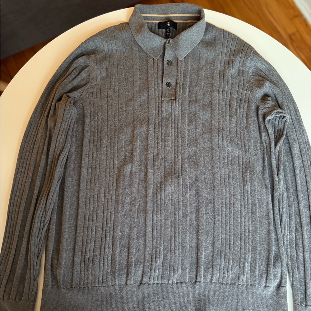 BR Banana Republic 100% Cotton Knit Polo Sweater. Gray Ribbed Long Sleeve Great